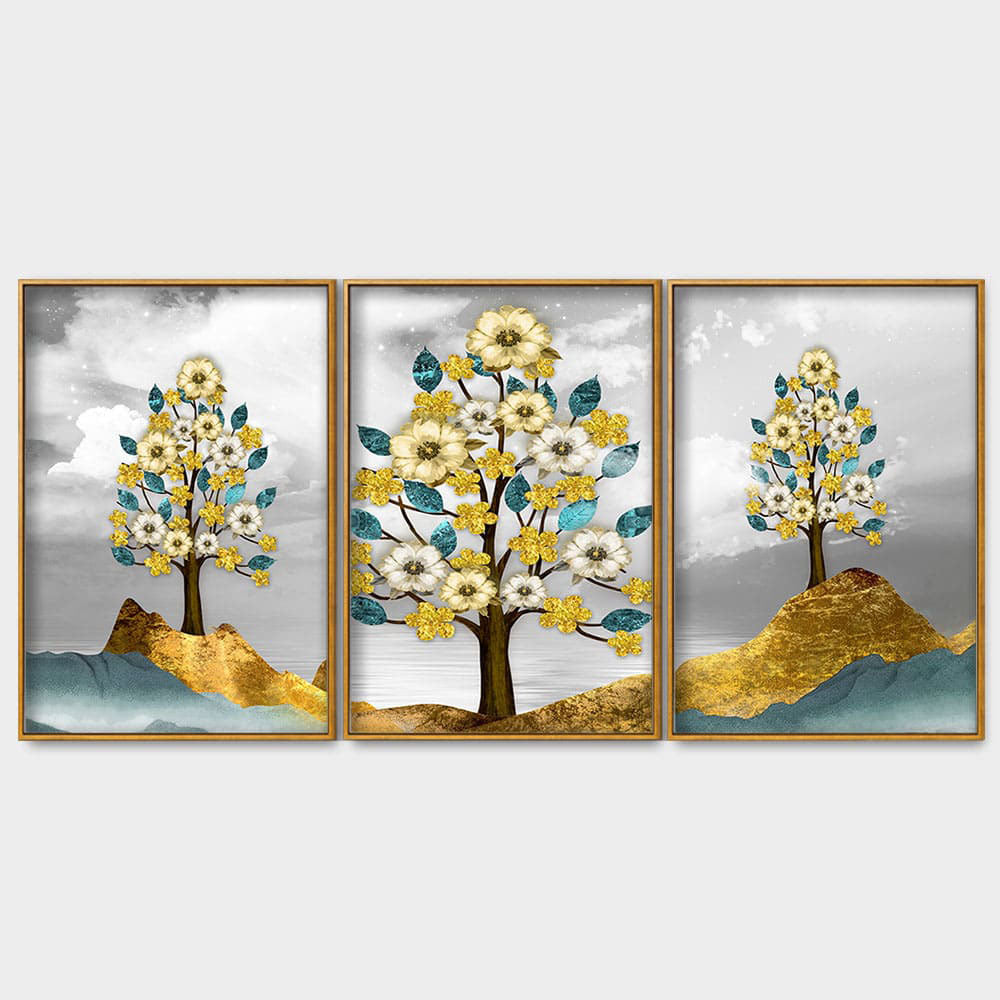 Unique Golden Trees Floating Canvas Wall Painting Set of Three