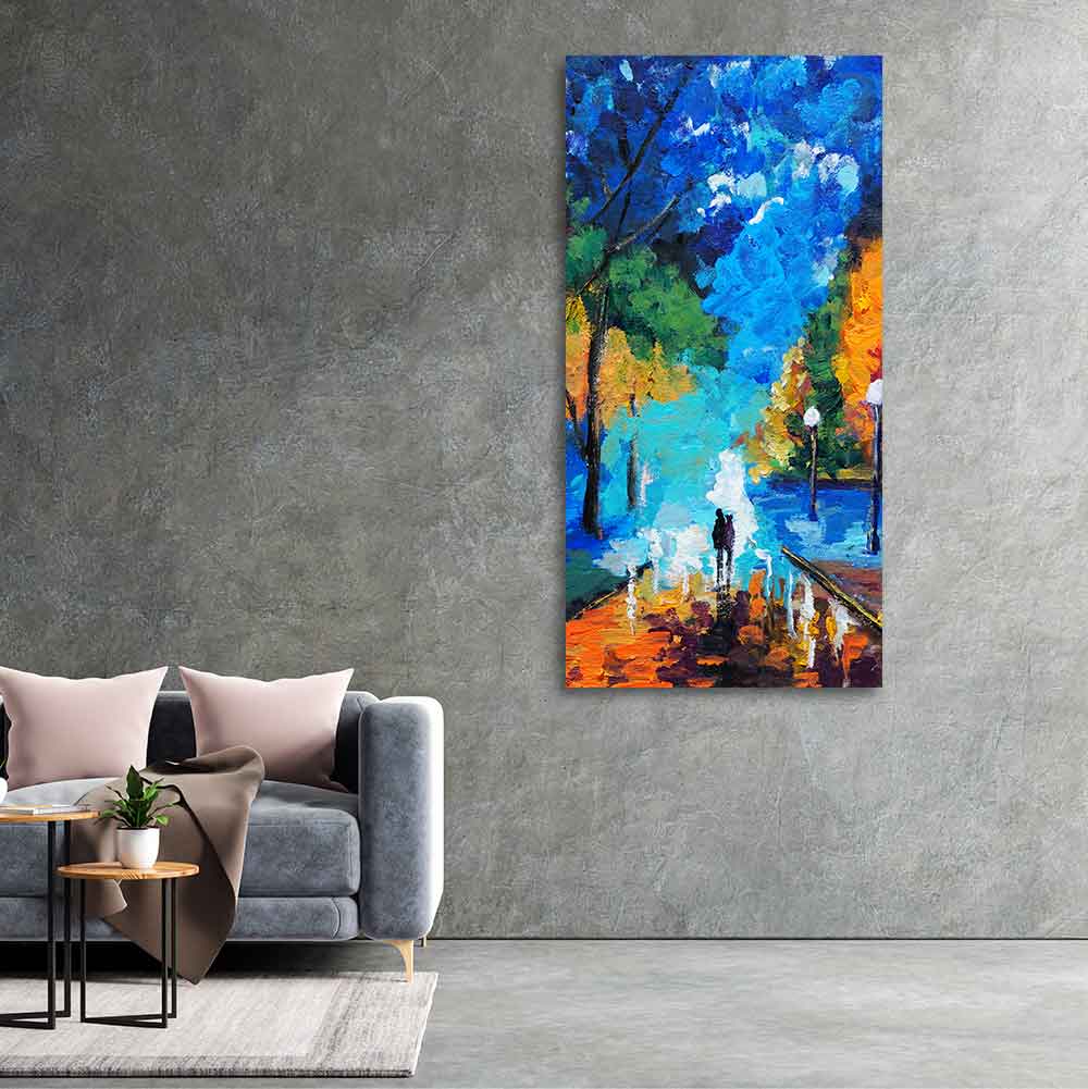 Vertical Wall Painting of Couple Walking in Night