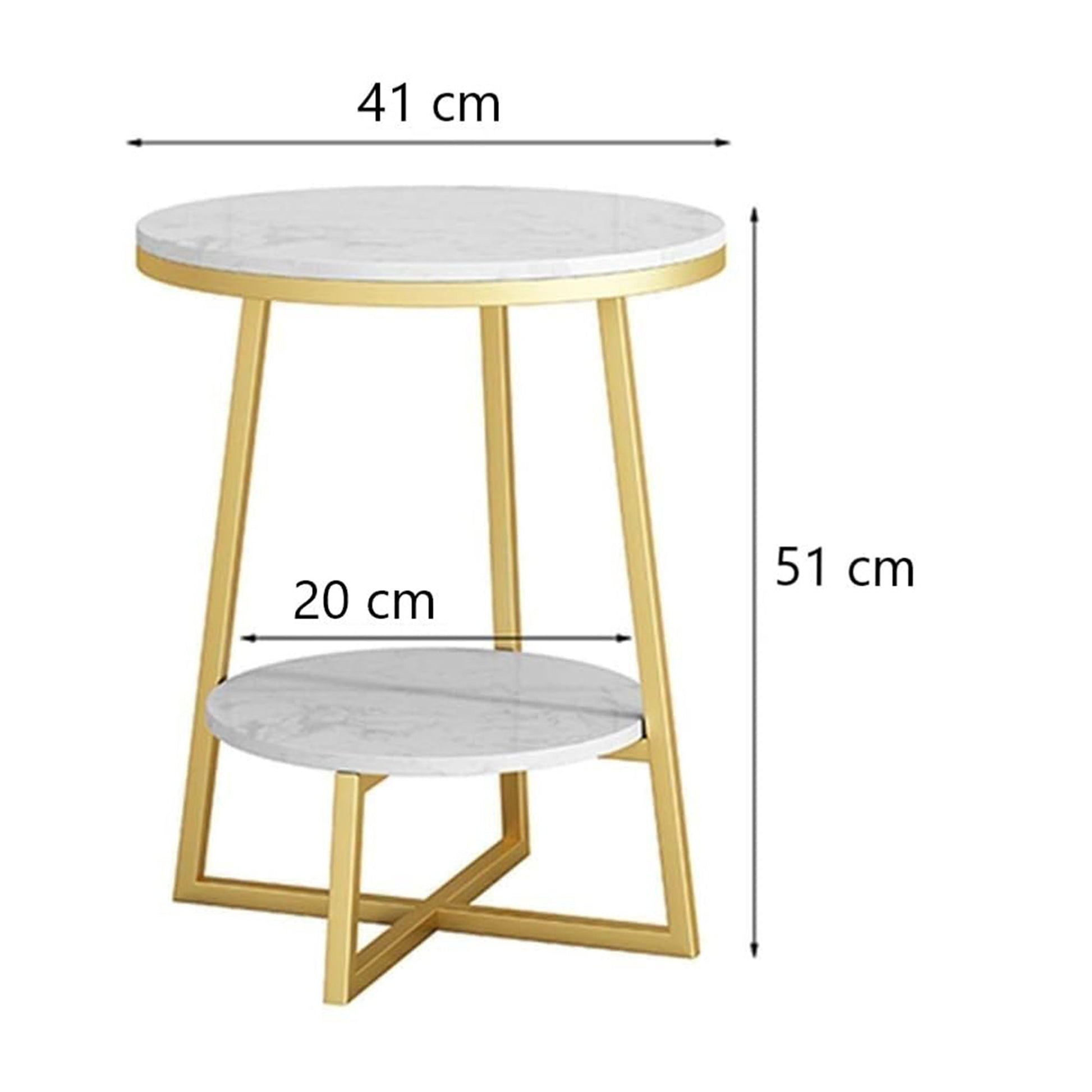 2 Tier Faux White Marble Side Table with with Golden Finish Storage Shelf