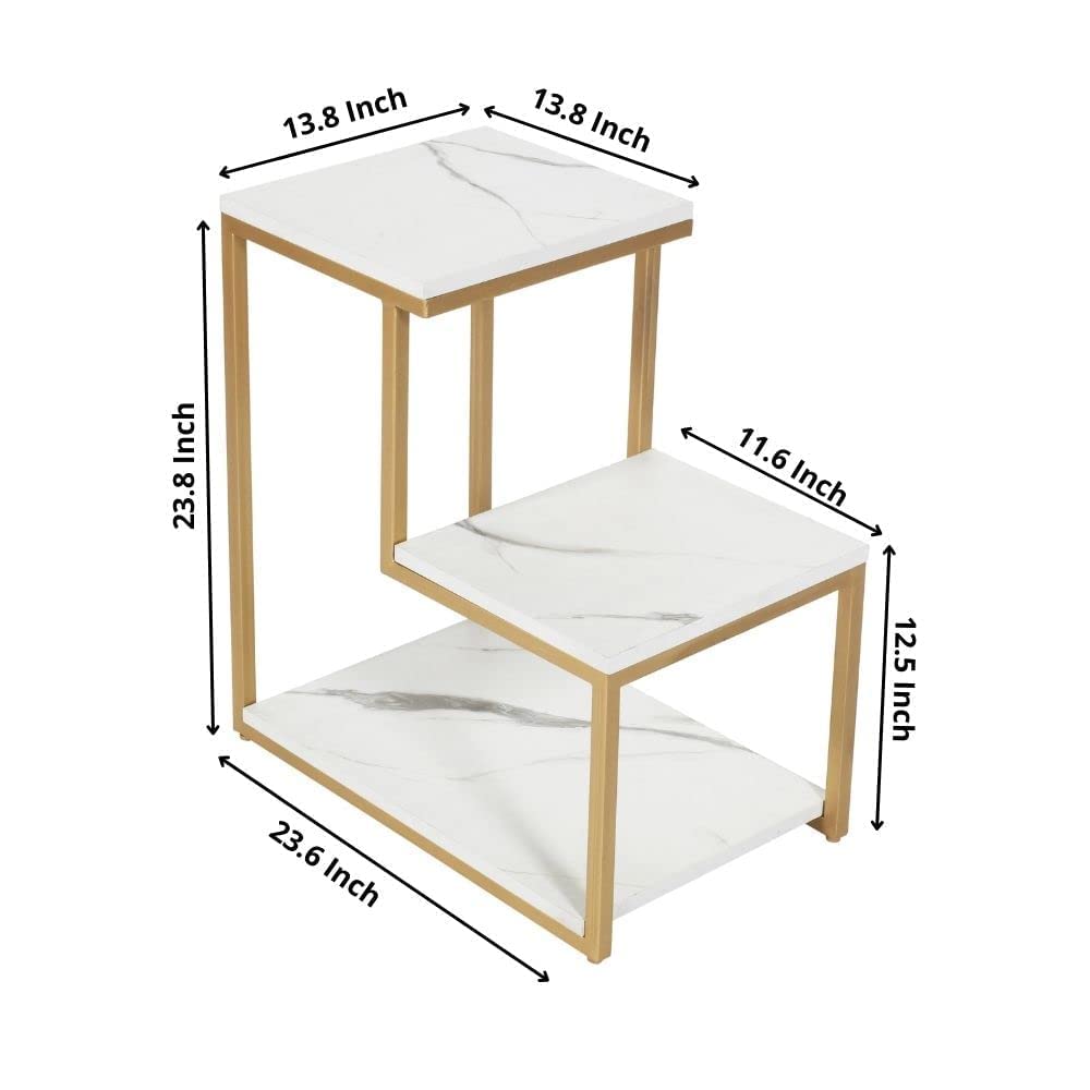 3-Tier Modern Side Table with Storage Shelf with Golden Metal Finish