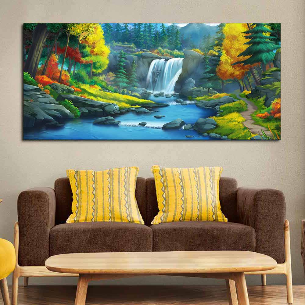 A Beautiful Waterfall In Forest Premium Wall Painting