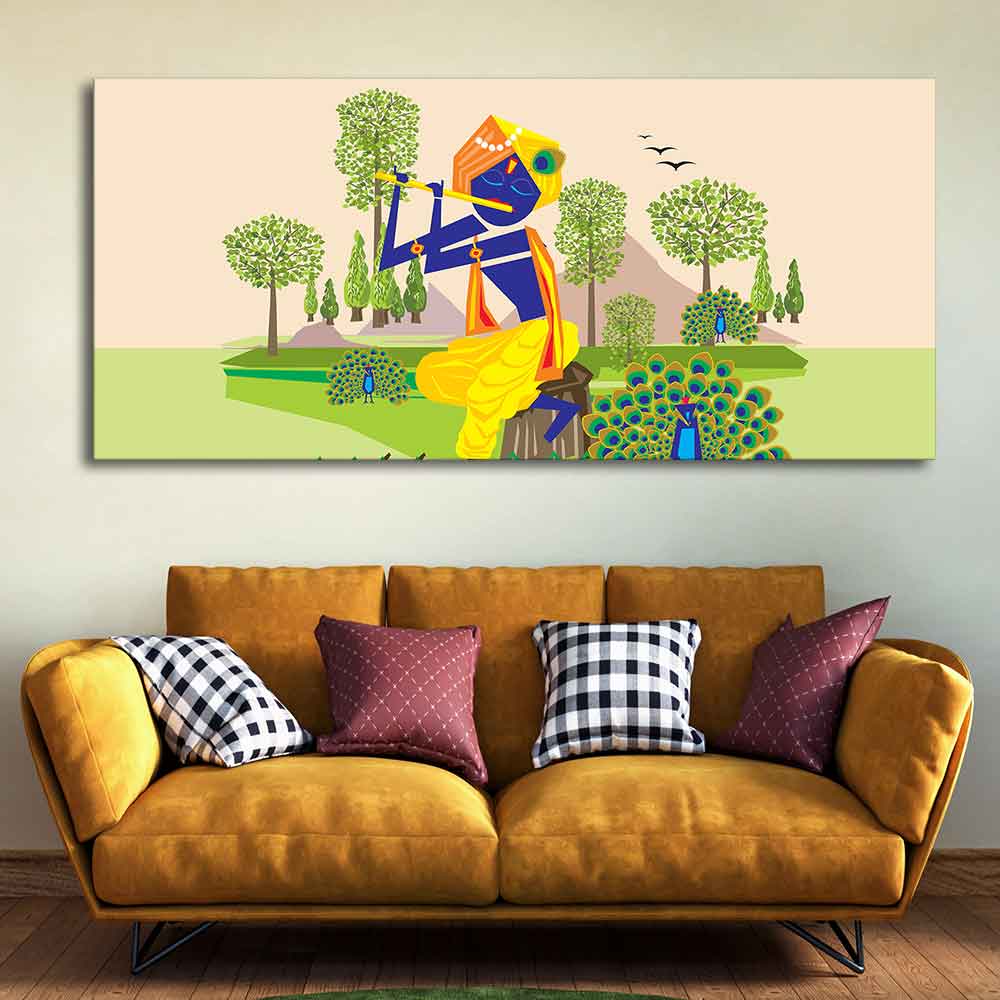 Animated Little Krishna With Flute Large Canvas Wall Painting