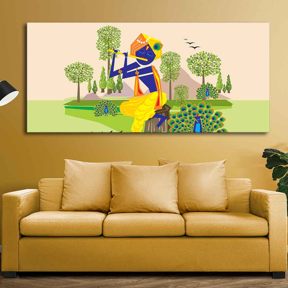 Animated Little Krishna With Flute Large Canvas Wall Painting