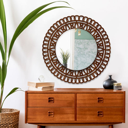 Artistic Designer Round Shape Wall Mirror with Wooden Frame