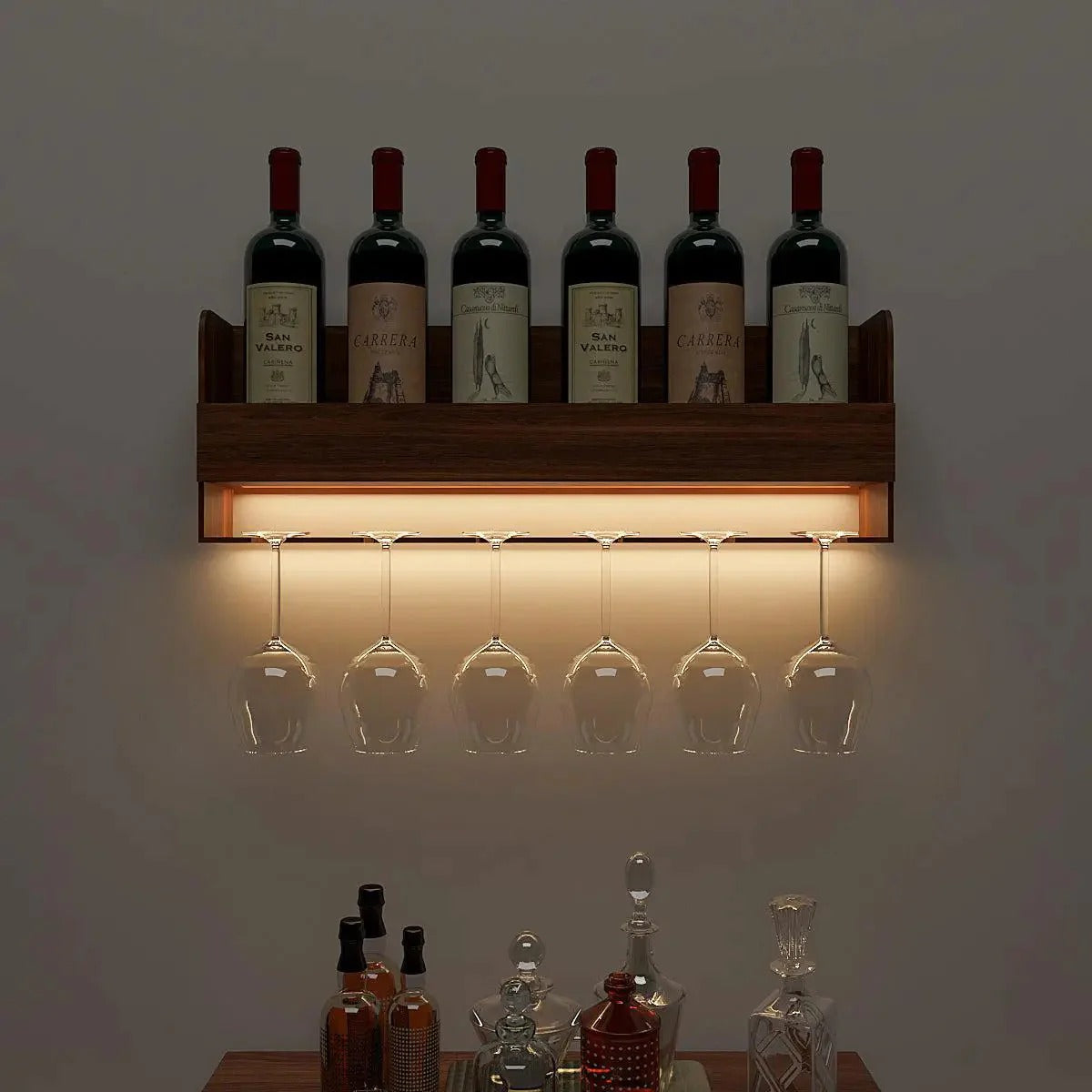 Backlit MDF Bar Mini Bar Shelf Cabinet in Walnut Finish