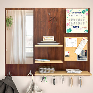 Beautiful (7 In One)' Wooden Wall Organiser with Mirror, Clock, Clipboard, Calendar and Hangers