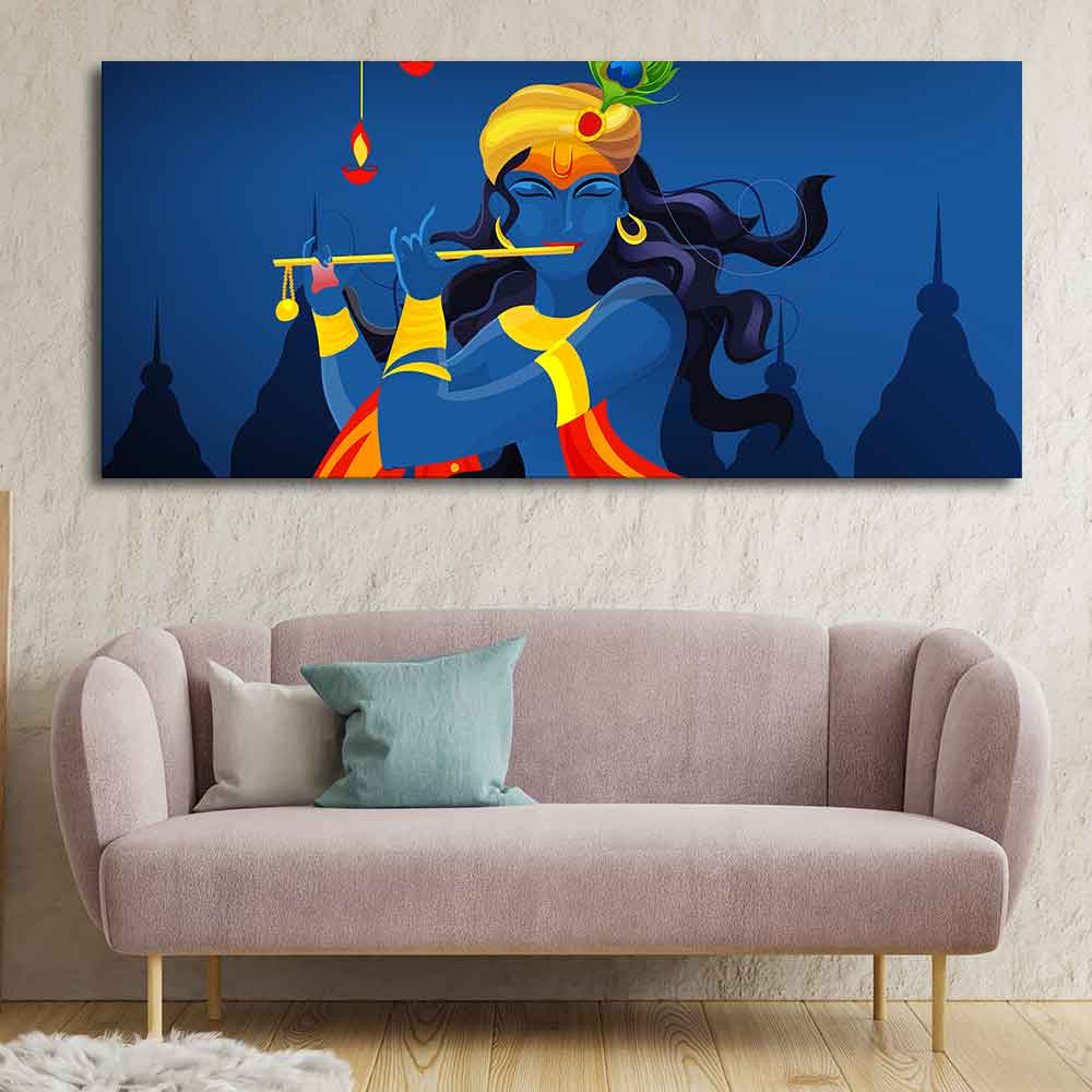 Beautiful Abstract Art of Lord Krishna Flute Large Canvas Wall Painting