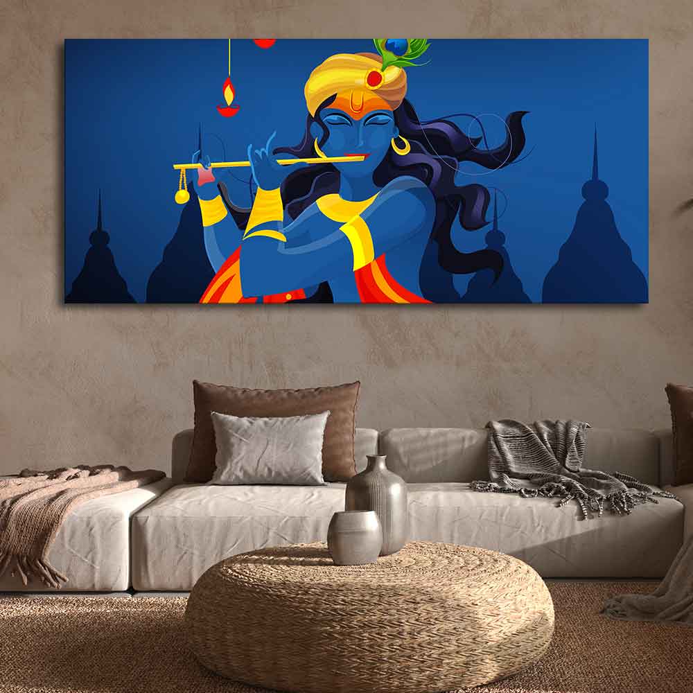 Beautiful Abstract Art of Lord Krishna Flute Large Canvas Wall Painting