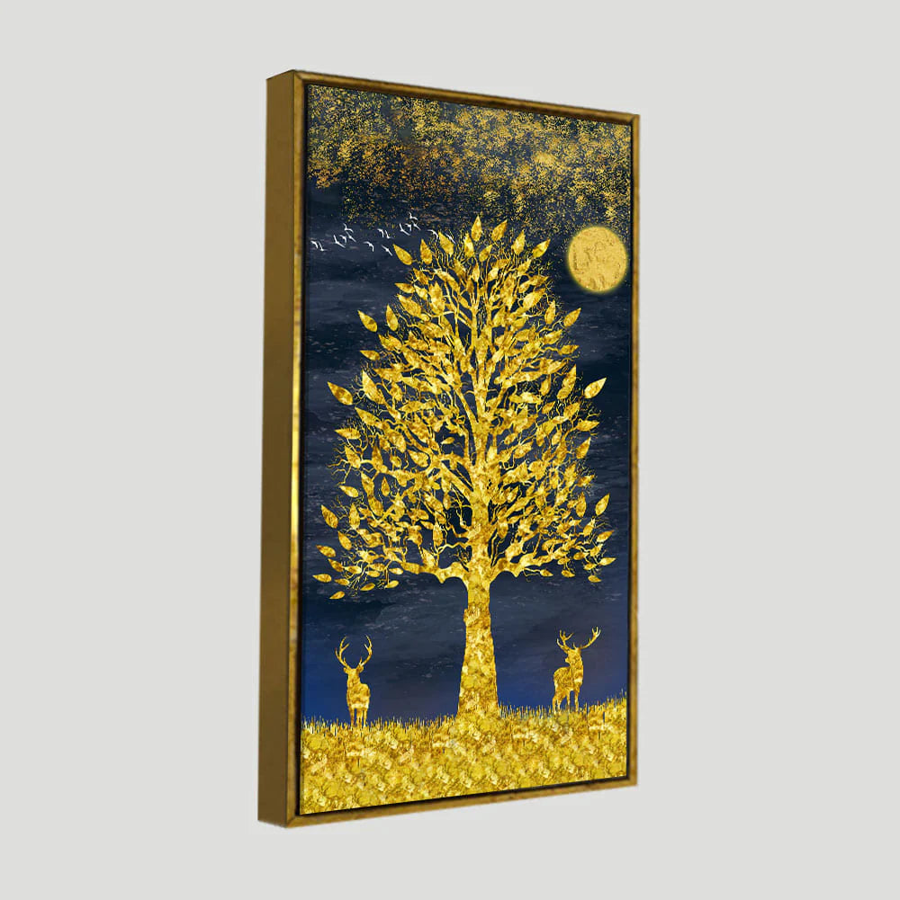 Beautiful Golden Tree and Moon with Deers Premium Canvas Wall Painting