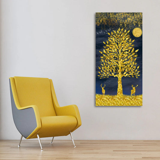 Beautiful Golden Tree and Moon with Deers Premium Canvas Wall Painting