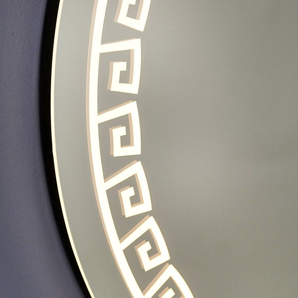 Greek Key Motif LED Round Shape Bathroom Mirror