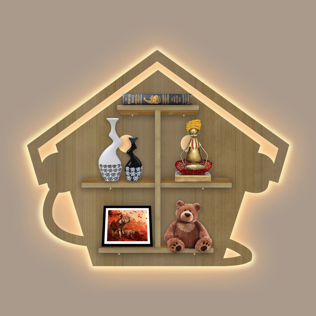 Beautiful Hut with Listening Music Wooden LED Light Wall Shelf with Oak Finish