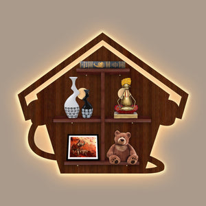 Beautiful Hut with Listening Music Wooden LED Light Wall Shelf with Walnut Finish