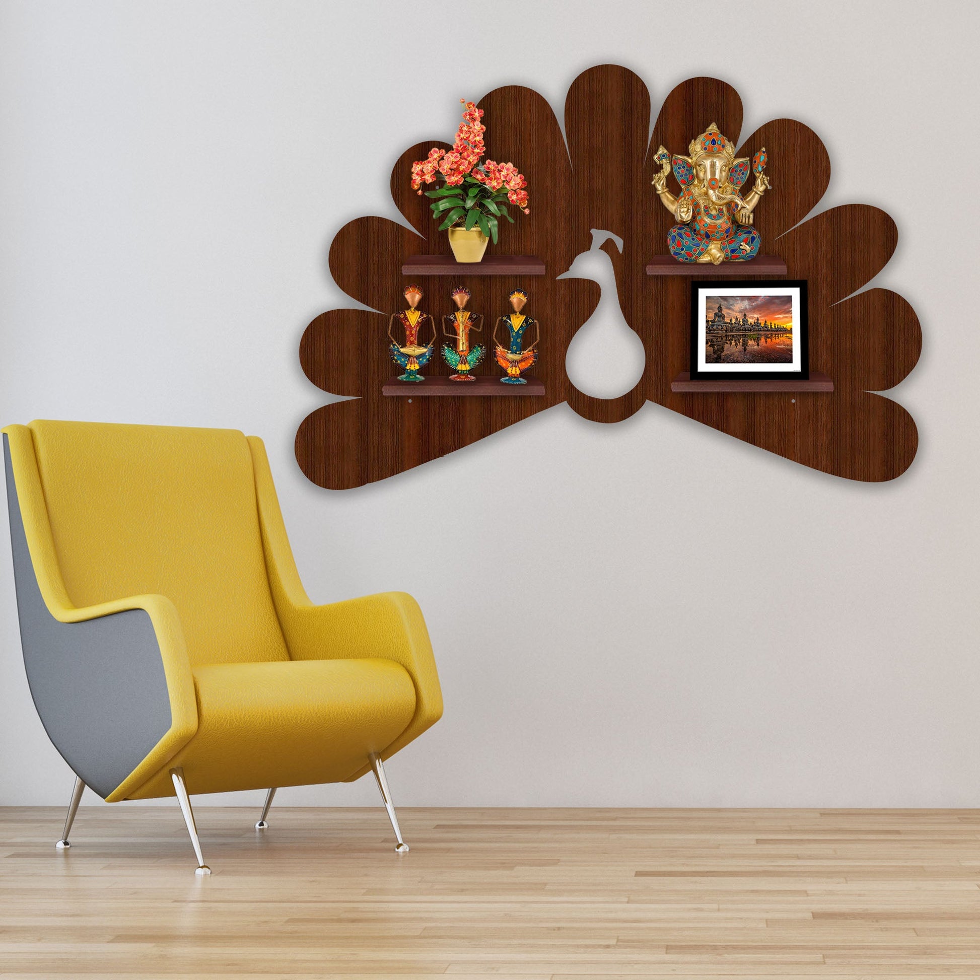  Wooden LED Light Wall Shelf with Walnut Finish
