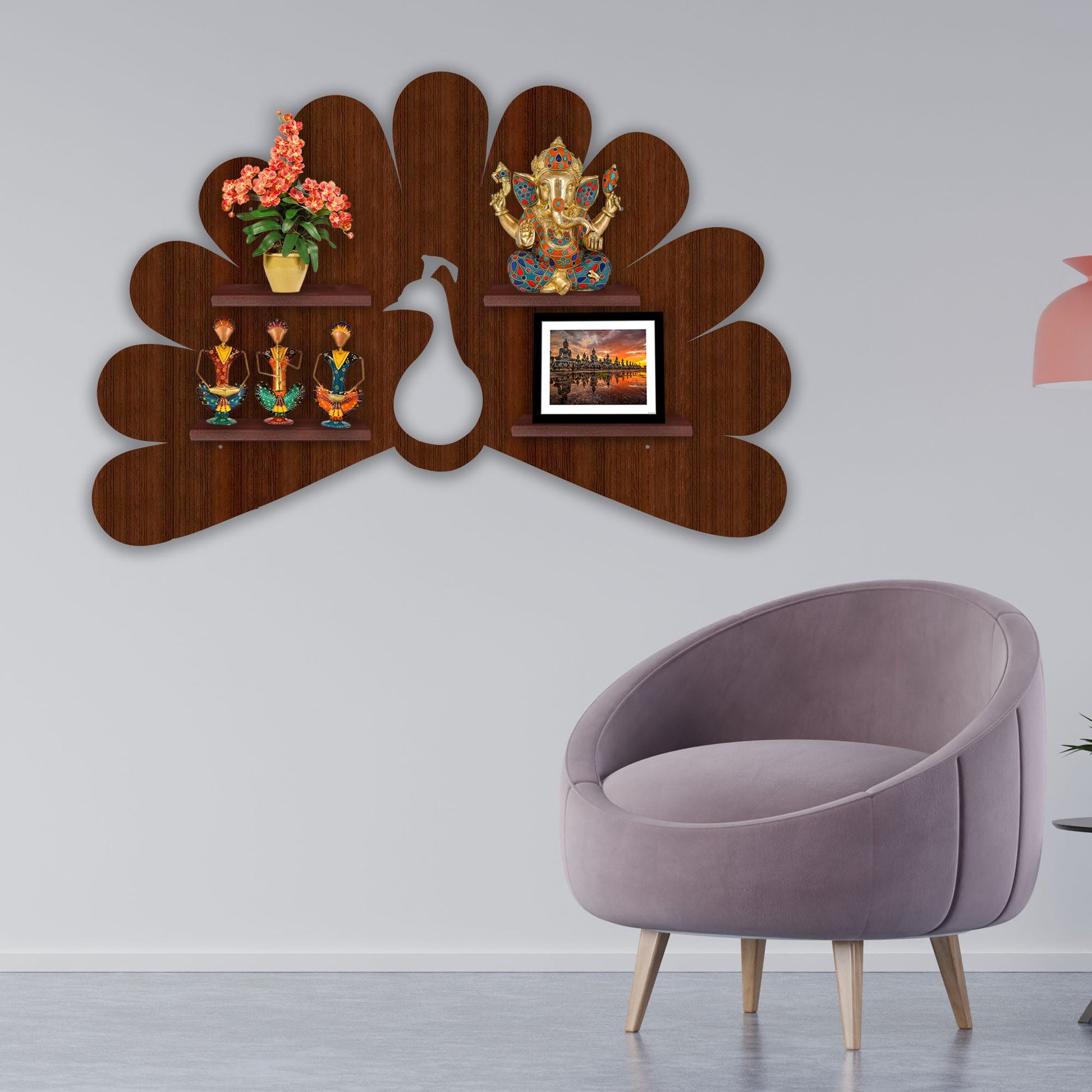  Peacock Shape Wooden LED Light Wall Shelf with Walnut Finish