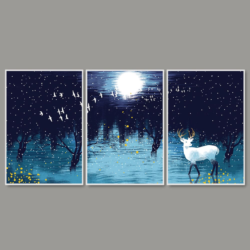 Full Moon Night Floating Canvas Wall Painting Set of Three