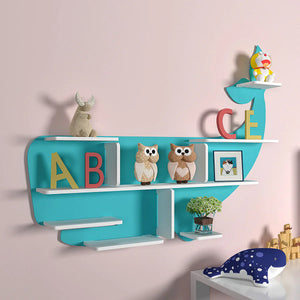 Blue Shark Shaped Wooden Wall Shelf for Kids