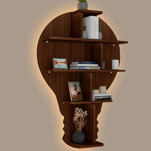  Designer Wooden Wall Shelf / Book Shelf / Night Light, Walnut Finish