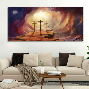 Canvas Wall Painting of Jesus Cross with Moon Dark Background