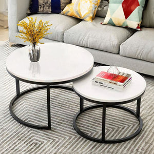 Classic White with Black Metallic Finish Round Coffee Table Set of 2