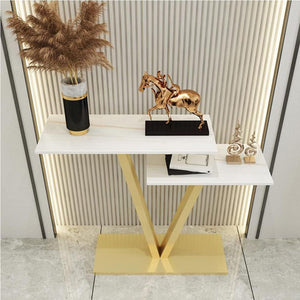 Contemporary 2 Tier White Marble Golden Console Table