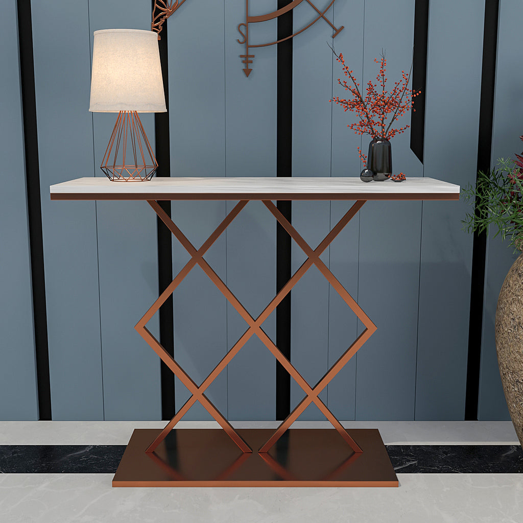 Copper Finish Console Table In Geometric Criss Cross Pattern