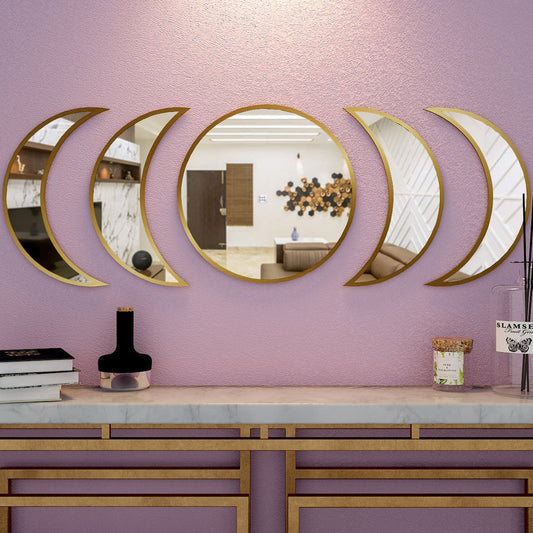 Cycle of Moon Designer Mirrors Set of Five in Golden Finish Frame