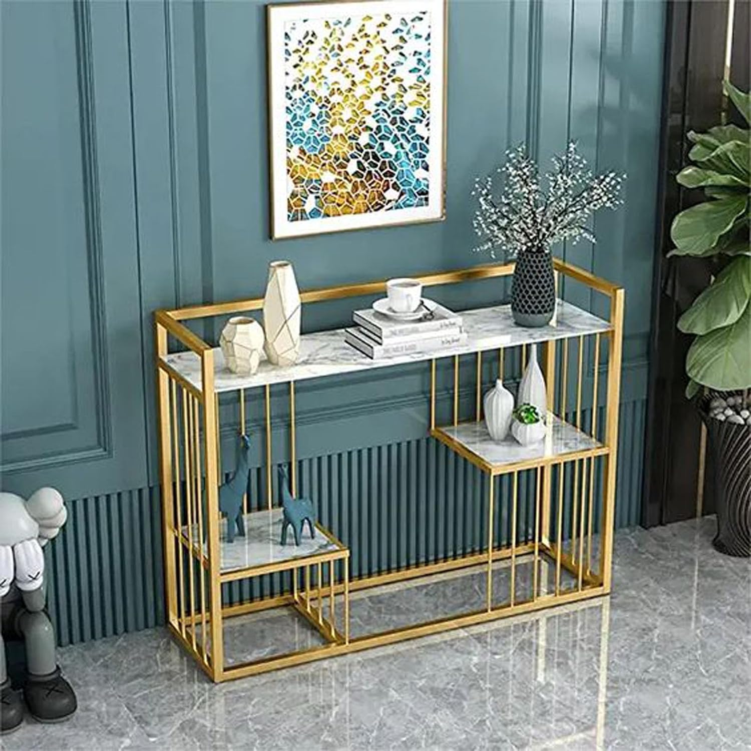 Designer 3-Tier White Faux Marble Golden Console Table