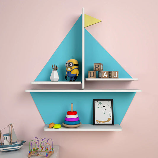 Designer Boat Shaped Blue Wooden Wall Shelf for Kids