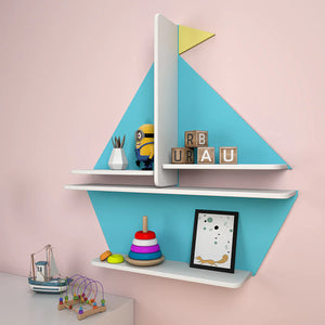  Boat Shaped Blue Wooden Wall Shelf for Kids