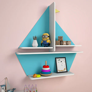 Shaped Blue Wooden Wall Shelf for Kids