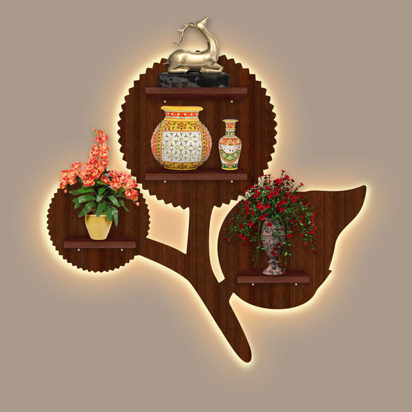 Designer Flower Shape Wooden LED Light Wall Shelf with Walnut Finish