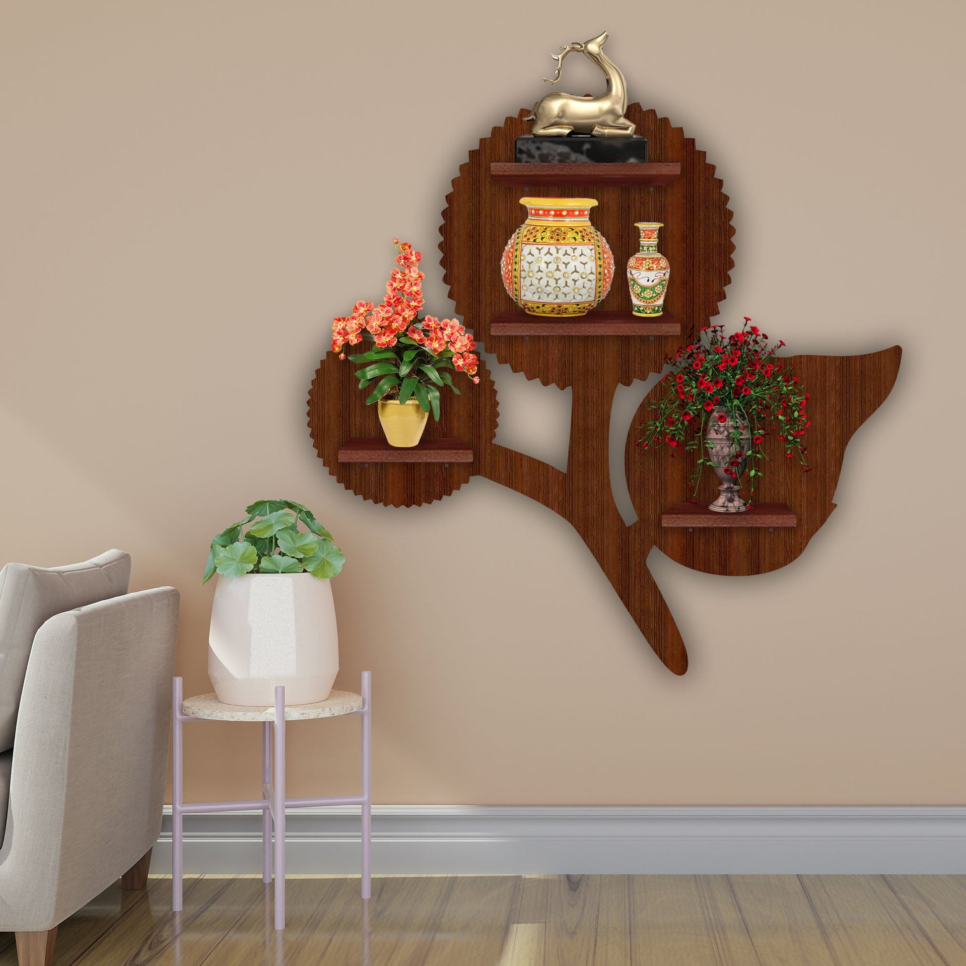  LED Light Wall Shelf with Walnut Finish