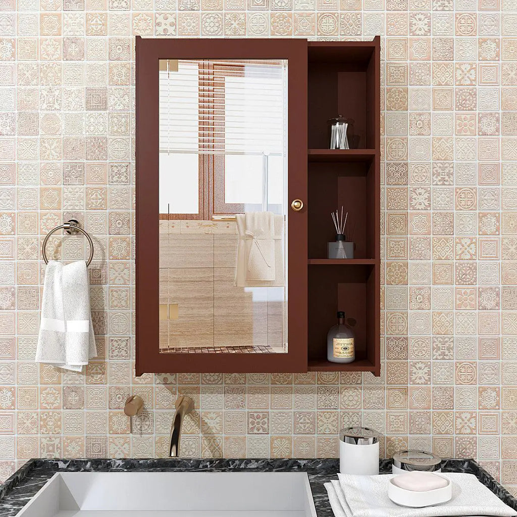 Designer Rectengular Shaped Wooden Bathroom Mirror Cabinet with 5 Spacious Shelves with Brown Finish