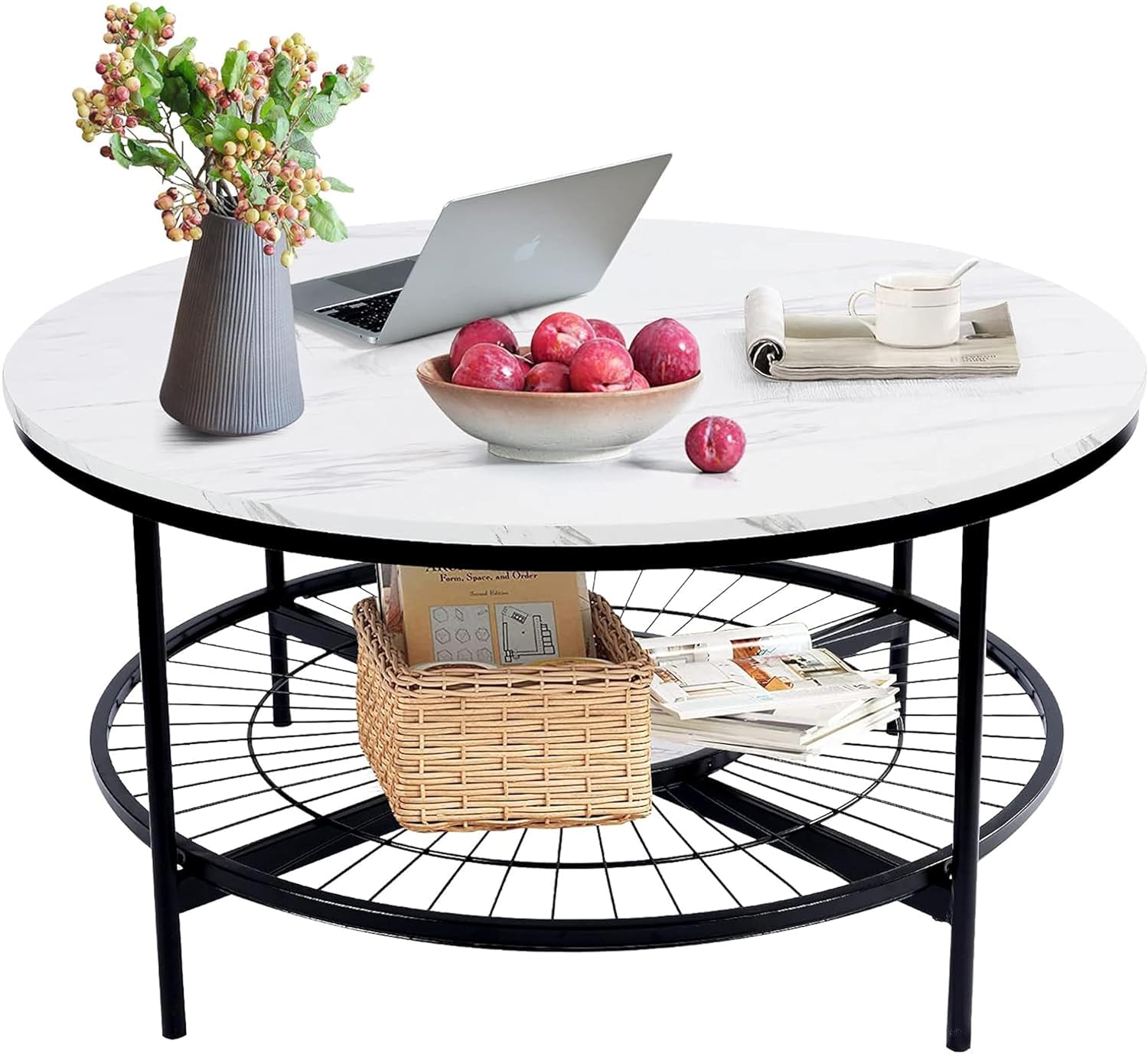 Designer Round Modern Center Table with White Marble Black Metal Finish