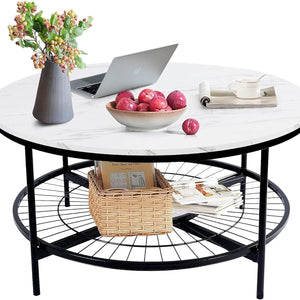 Designer Round Modern Center Table with White Marble Black Metal Finish