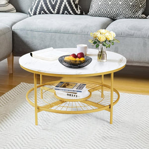 Designer Round Modern Center Table with White Marble Golden Metal Finish