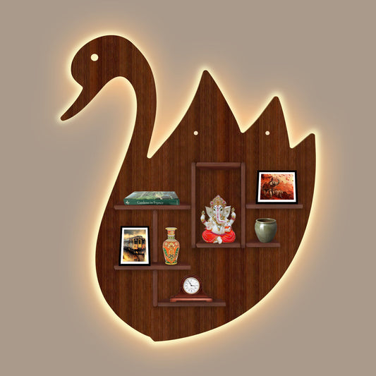 Designer Swan Shape Backlit Wooden LED Light Wall Shelf with Walnut Finish