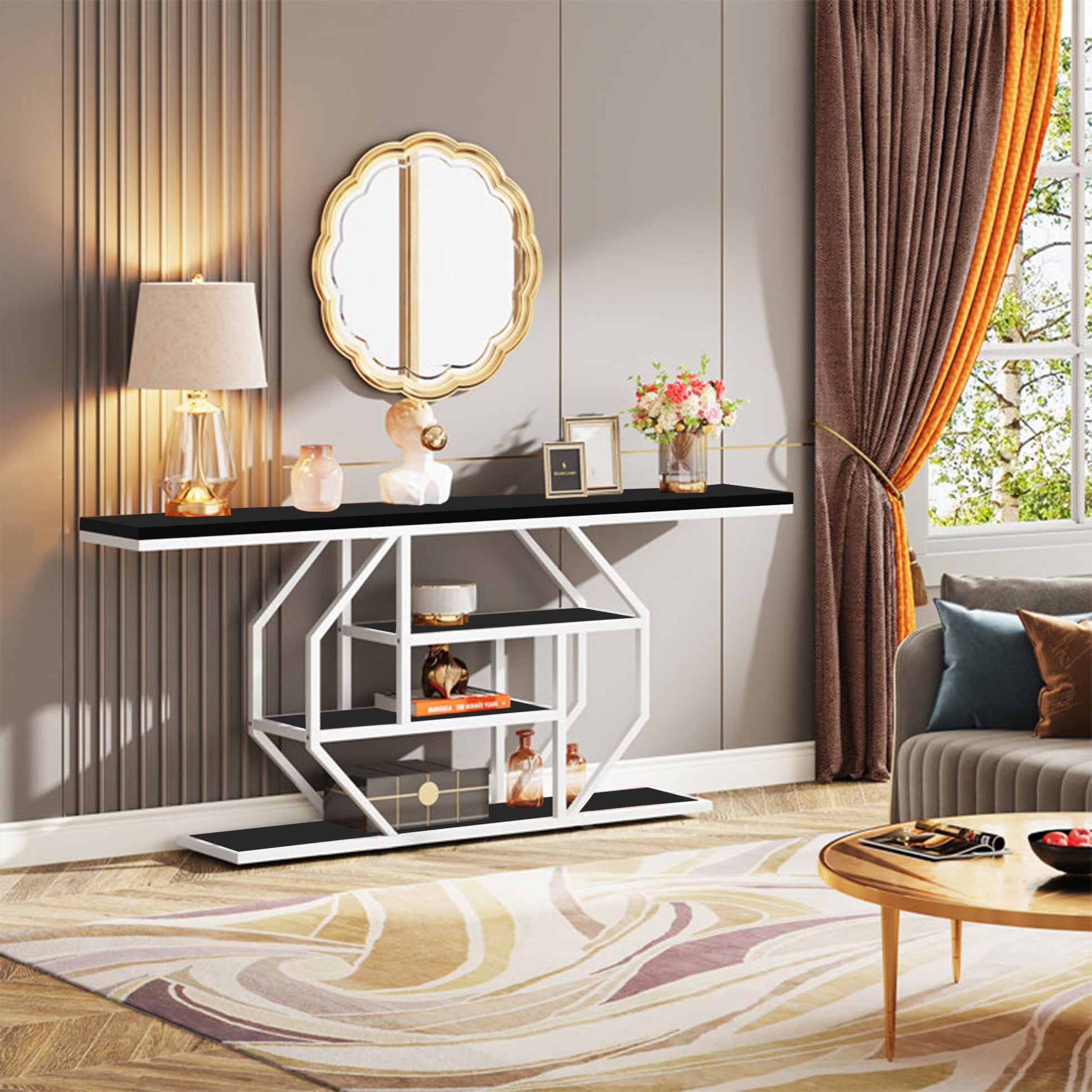 Elegant Look Black White Four Tier Console Table