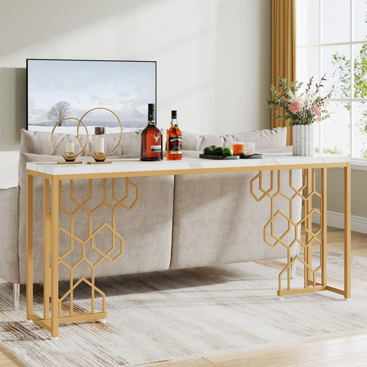 Exquisite Geometric White Faux Marble Robust And Enduring Frame Console Table