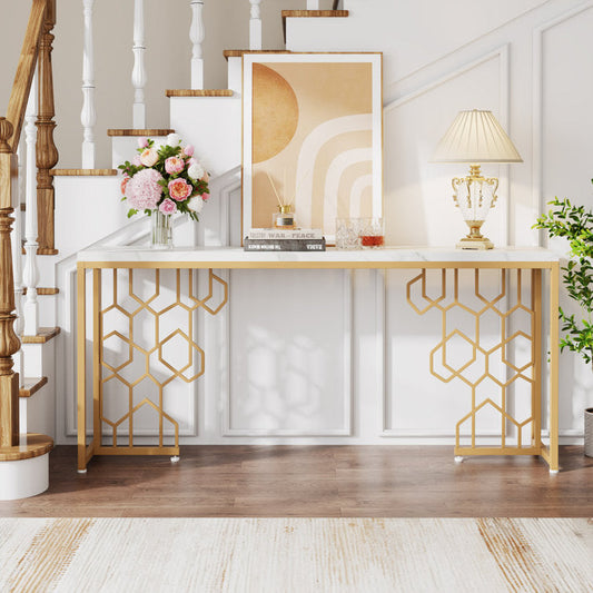 Exquisite Geometric White Faux Marble Robust And Enduring Frame Console Table