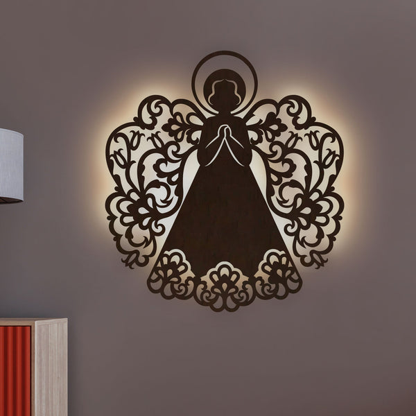 Fairy Angel Backlit Wooden Wall Hanging with LED Night Light Walnut Finish