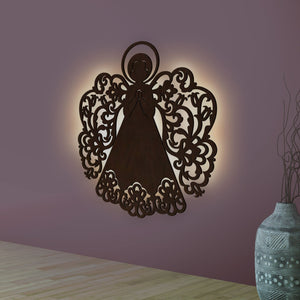 Fairy Angel Backlit Wooden Wall Hanging with LED Night Light Walnut Finish