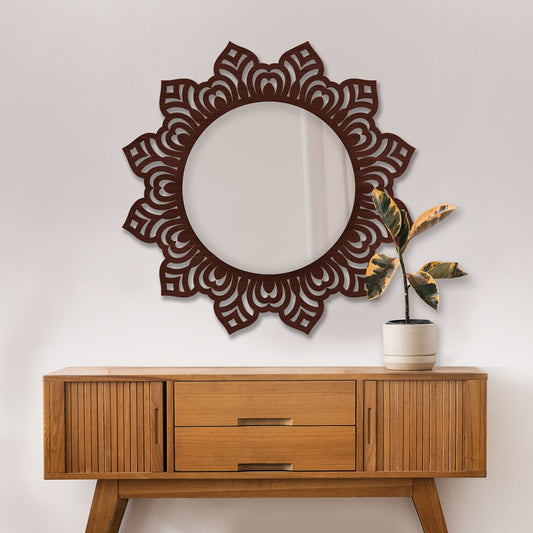 Floral Design Modern Decorative Round Wooden Wall Mirror