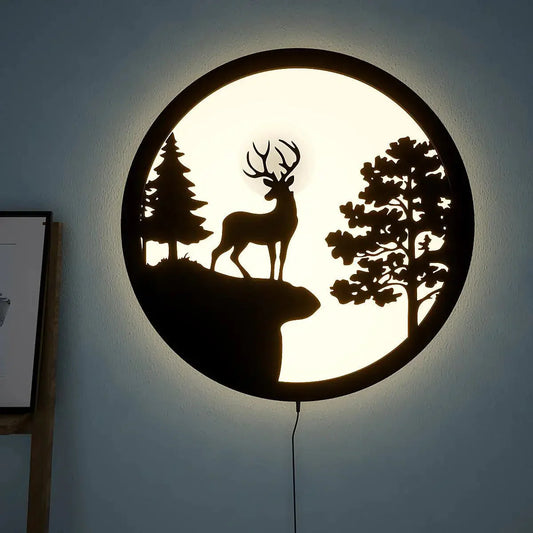 Full Moon Rounded Reindeer Backlit Wooden Wall Decor with LED Night Light