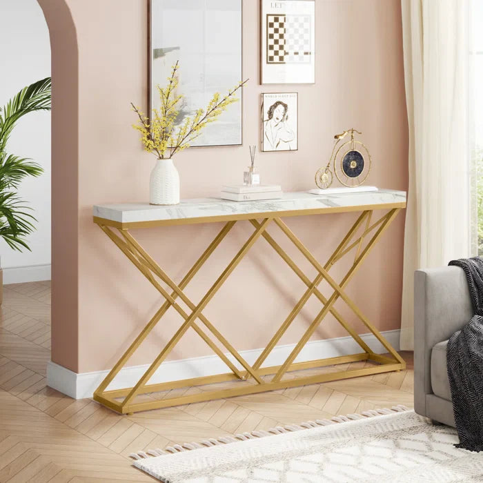 Golden Criss Cross Pattern Rectangular Shaped Designer Console Table