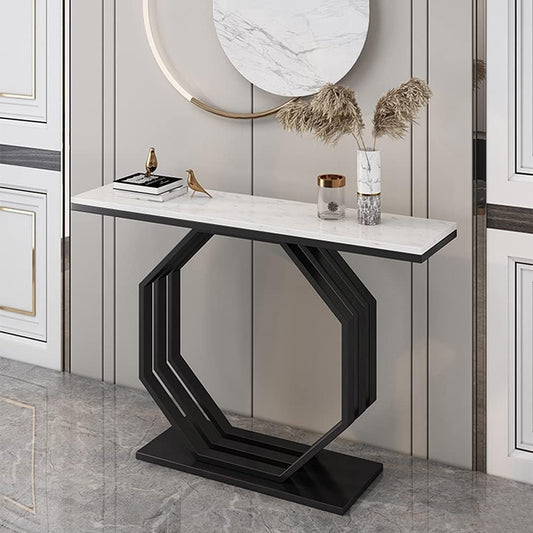 Heptagon Black Base Rectangular Shape White Marble Console Table