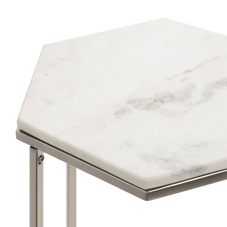 Hexagon Shape Marble Top Silver Stand Side Table