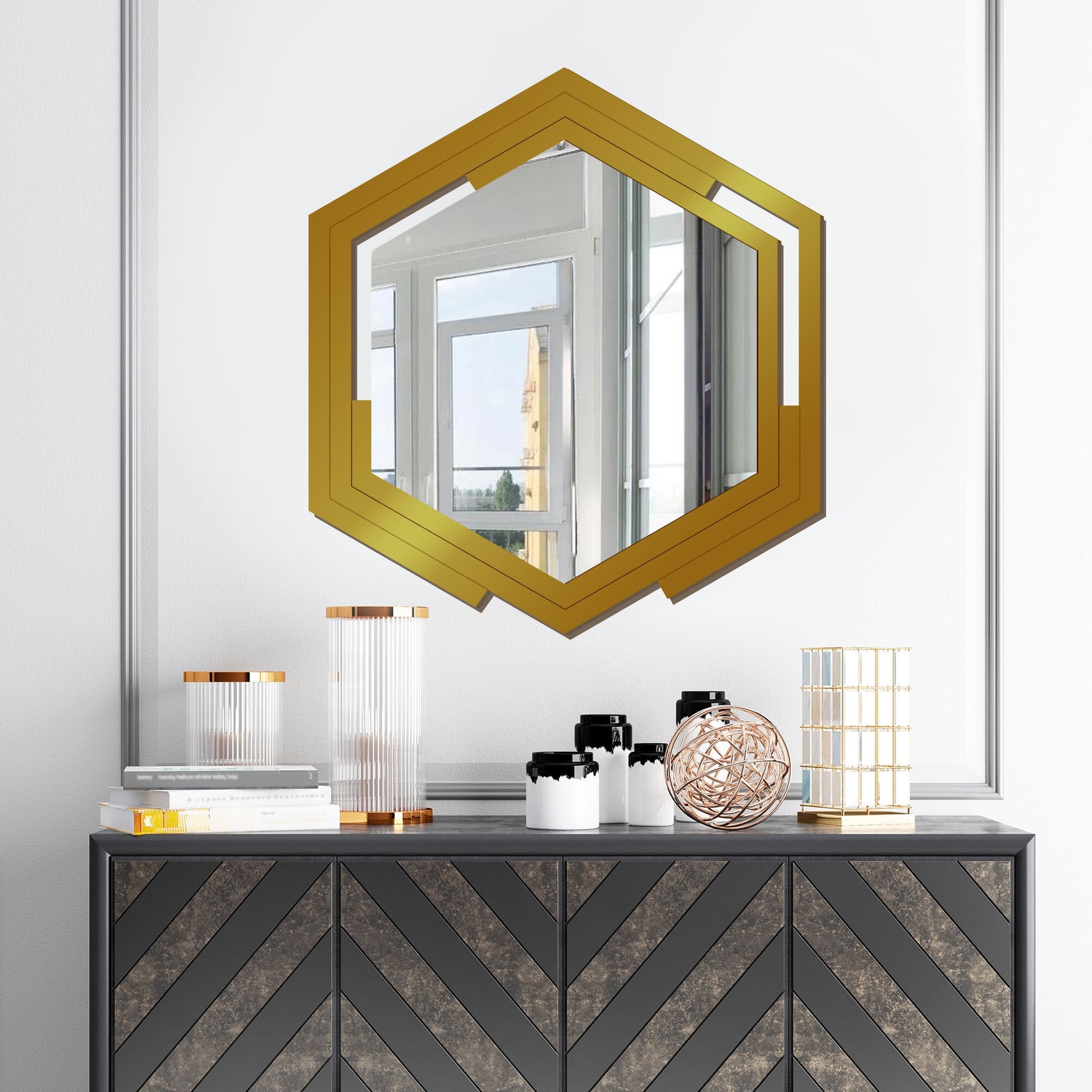 Hexagonal Shape Unique Design Wooden Wall Mirror With Gold Texture