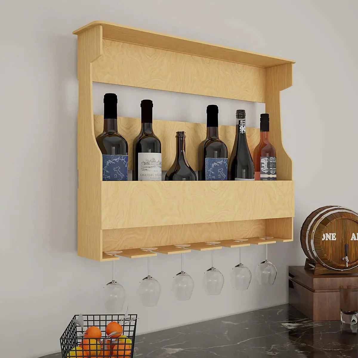 Design Bar Wall Shelf / Mini Bar Shelf in Light Oak Finish